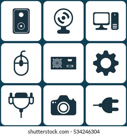 Set Of 9 Computer Hardware Icons. Can Be Used For Web, Mobile, UI And Infographic Design. Includes Elements Such As Settings, Desktop Computer, Power Generator And More.