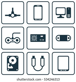 Set Of 9 Computer Hardware Icons. Can Be Used For Web, Mobile, UI And Infographic Design. Includes Elements Such As Cellphone, Network Structure, Radio Set And More.