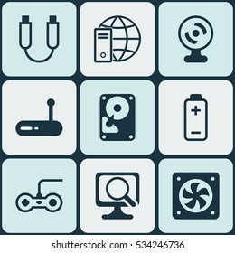 Set Of 9 Computer Hardware Icons. Can Be Used For Web, Mobile, UI And Infographic Design. Includes Elements Such As Internet Network, Joystick, Hdd And More.