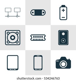 Set Of 9 Computer Hardware Icons. Can Be Used For Web, Mobile, UI And Infographic Design. Includes Elements Such As Radio Set, Connected Devices, Music And More.