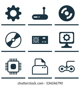 Set Of 9 Computer Hardware Icons. Can Be Used For Web, Mobile, UI And Infographic Design. Includes Elements Such As Blank Cd, Settings, Cd-Rom And More.