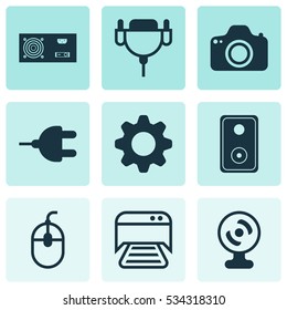 Set Of 9 Computer Hardware Icons. Can Be Used For Web, Mobile, UI And Infographic Design. Includes Elements Such As Printed Document, Web Camera, Audio Device And More.