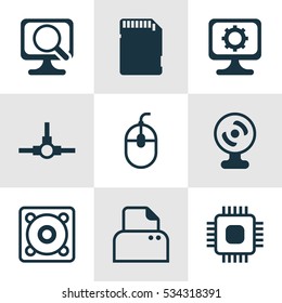 Set Of 9 Computer Hardware Icons. Can Be Used For Web, Mobile, UI And Infographic Design. Includes Elements Such As Web Camera, Laptop, PC And More.