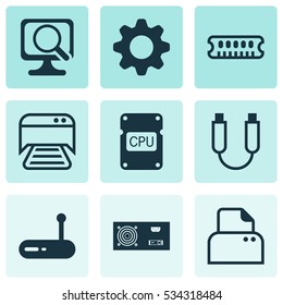 Set Of 9 Computer Hardware Icons. Can Be Used For Web, Mobile, UI And Infographic Design. Includes Elements Such As Router, Cpu, File Scanner And More.