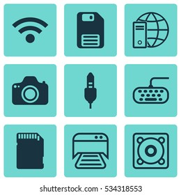 Set Of 9 Computer Hardware Icons. Can Be Used For Web, Mobile, UI And Infographic Design. Includes Elements Such As Camera, Music, Printed Document And More.