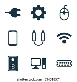 Set Of 9 Computer Hardware Icons. Can Be Used For Web, Mobile, UI And Infographic Design. Includes Elements Such As Connector, Control Device, Settings And More.