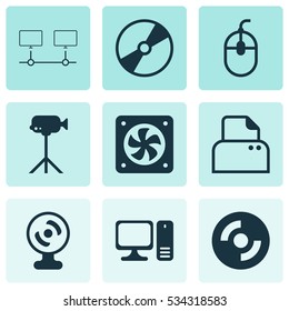 Set Of 9 Computer Hardware Icons. Can Be Used For Web, Mobile, UI And Infographic Design. Includes Elements Such As Cd-Rom, Desktop Computer, Computer Ventilation And More.