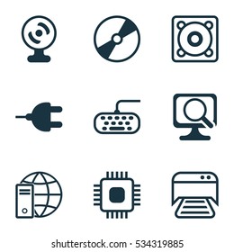 Set Of 9 Computer Hardware Icons. Can Be Used For Web, Mobile, UI And Infographic Design. Includes Elements Such As Internet Network, Printed Document, Laptop And More.