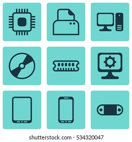 Set Of 9 Computer Hardware Icons. Can Be Used For Web, Mobile, UI And Infographic Design. Includes Elements Such As Smartphone, Cellphone, Cd-Rom And More.