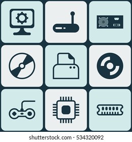 Set Of 9 Computer Hardware Icons. Can Be Used For Web, Mobile, UI And Infographic Design. Includes Elements Such As Router, Joystick, PC And More.