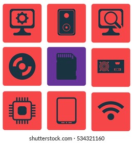 Set Of 9 Computer Hardware Icons. Can Be Used For Web, Mobile, UI And Infographic Design. Includes Elements Such As Cellphone, Chip, Power Generator And More.