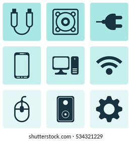 Set Of 9 Computer Hardware Icons. Can Be Used For Web, Mobile, UI And Infographic Design. Includes Elements Such As Wireless, Audio Device, Portable Memory And More.