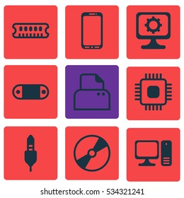 Set Of 9 Computer Hardware Icons. Can Be Used For Web, Mobile, UI And Infographic Design. Includes Elements Such As File Scanner, Smartphone, Chip And More.