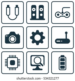 Set Of 9 Computer Hardware Icons. Can Be Used For Web, Mobile, UI And Infographic Design. Includes Elements Such As Laptop, Chip, Camera And More.