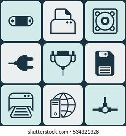 Set Of 9 Computer Hardware Icons. Can Be Used For Web, Mobile, UI And Infographic Design. Includes Elements Such As Network Structure, Vga Cord, Radio Set And More.