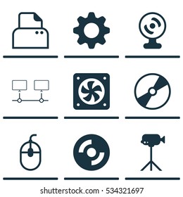 Set Of 9 Computer Hardware Icons. Can Be Used For Web, Mobile, UI And Infographic Design. Includes Elements Such As Computer Ventilation, Control Device, Web Camera And More.