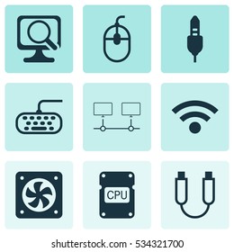 Set Of 9 Computer Hardware Icons. Can Be Used For Web, Mobile, UI And Infographic Design. Includes Elements Such As Control Device, Connected Devices, Laptop And More.