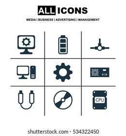 Set Of 9 Computer Hardware Icons. Can Be Used For Web, Mobile, UI And Infographic Design. Includes Elements Such As Portable Memory, Power Generator, Desktop Computer And More.