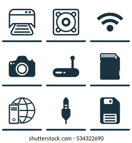 Set Of 9 Computer Hardware Icons. Can Be Used For Web, Mobile, UI And Infographic Design. Includes Elements Such As Wireless, Printed Document, Music And More.