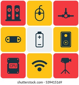 Set Of 9 Computer Hardware Icons. Includes Radio Set, Audio Device, Network Structure And Other Symbols. Beautiful Design Elements.