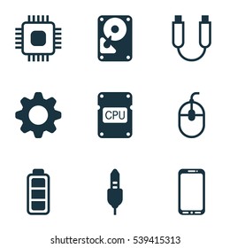 Set Of 9 Computer Hardware Icons. Includes Settings, Cpu, Aux Cord And Other Symbols. Beautiful Design Elements.