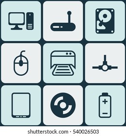 Set Of 9 Computer Hardware Icons. Includes Desktop Computer, Router, Blank Cd And Other Symbols. Beautiful Design Elements.