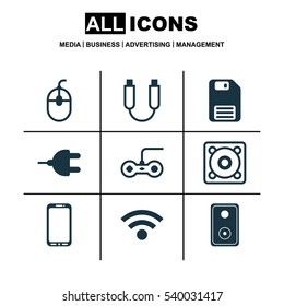 Set Of 9 Computer Hardware Icons. Includes Connector, Joystick, Music And Other Symbols. Beautiful Design Elements.