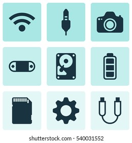 Set Of 9 Computer Hardware Icons. Includes Wireless, Portable Memory, Radio Set And Other Symbols. Beautiful Design Elements.