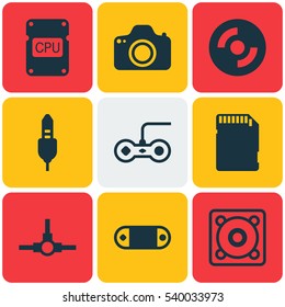Set Of 9 Computer Hardware Icons. Includes Cpu, Aux Cord, Music And Other Symbols. Beautiful Design Elements.
