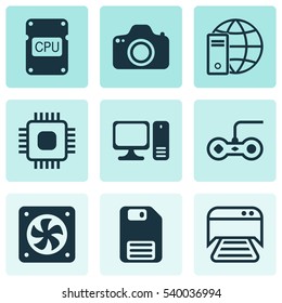 Set Of 9 Computer Hardware Icons. Includes Joystick, Chip, Computer Ventilation And Other Symbols. Beautiful Design Elements.