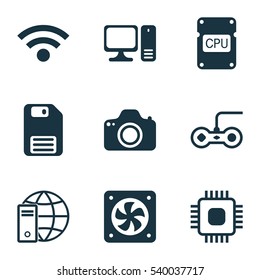 Set Of 9 Computer Hardware Icons. Includes Wireless, Diskette, Joystick And Other Symbols. Beautiful Design Elements.