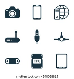 Set Of 9 Computer Hardware Icons. Includes Camera, Router, Internet Network And Other Symbols. Beautiful Design Elements.