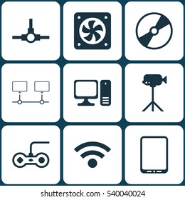 Set Of 9 Computer Hardware Icons. Includes Computer Ventilation, Network Structure, Cd-Rom And Other Symbols. Beautiful Design Elements.