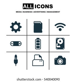 Set Of 9 Computer Hardware Icons. Includes Camera, Hdd, Aux Cord And Other Symbols. Beautiful Design Elements.