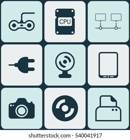 Set Of 9 Computer Hardware Icons. Includes Connector, Web Camera, Camera And Other Symbols. Beautiful Design Elements.