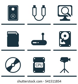 Set Of 9 Computer Hardware Icons. Includes Camcorder, Hdd, Router And Other Symbols. Beautiful Design Elements.