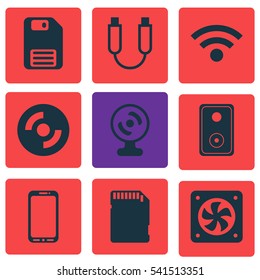 Set Of 9 Computer Hardware Icons. Includes Web Camera, Wireless, Audio Device And Other Symbols. Beautiful Design Elements.