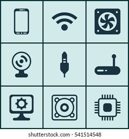 Set Of 9 Computer Hardware Icons. Includes Computer Ventilation, PC, Aux Cord And Other Symbols. Beautiful Design Elements.