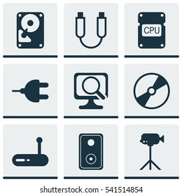 Set Of 9 Computer Hardware Icons. Includes Router, Connector, Cpu And Other Symbols. Beautiful Design Elements.