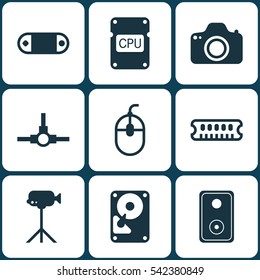 Set Of 9 Computer Hardware Icons. Includes Camcorder, Audio Device, Dynamic Memory And Other Symbols. Beautiful Design Elements.