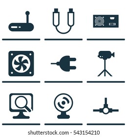 Set Of 9 Computer Hardware Icons. Includes Portable Memory, Web Camera, Camcorder And Other Symbols. Beautiful Design Elements.