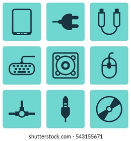 Set Of 9 Computer Hardware Icons. Includes Cellphone, Music, Portable Memory And Other Symbols. Beautiful Design Elements.