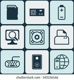 Set Of 9 Computer Hardware Icons. Includes Battery, Audio Device, File Scanner And Other Symbols. Beautiful Design Elements.