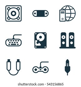 Set Of 9 Computer Hardware Icons. Includes Loudspeakers, Hdd, Joystick And Other Symbols. Beautiful Design Elements.