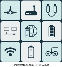 Set Of 9 Computer Hardware Icons. Includes Router, Battery, Wireless And Other Symbols. Beautiful Design Elements.