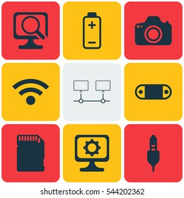 Set Of 9 Computer Hardware Icons. Includes Aux Cord, Connected Devices, Laptop And Other Symbols. Beautiful Design Elements.