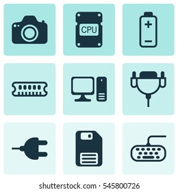 Set Of 9 Computer Hardware Icons. Includes Connector, Cpu, Camera And Other Symbols. Beautiful Design Elements.