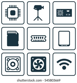 Set Of 9 Computer Hardware Icons. Includes Music, Camcorder, Cellphone And Other Symbols. Beautiful Design Elements.