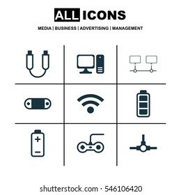 Set Of 9 Computer Hardware Icons. Includes Wireless, Portable Memory, Accumulator Sign And Other Symbols. Beautiful Design Elements.