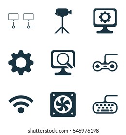 Set Of 9 Computer Hardware Icons. Includes Camcorder, Computer Ventilation, Connected Devices And Other Symbols. Beautiful Design Elements.